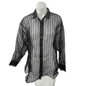 DR2 Women's Black Striped Long Sleeve Button Down Sheer Tunic Blouse Shirt Top M